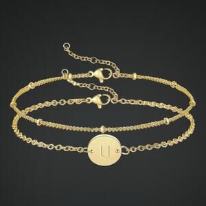 NEW Layered Gold Tone Initial “U” Bracelet Adjustable Chain Gift Ready